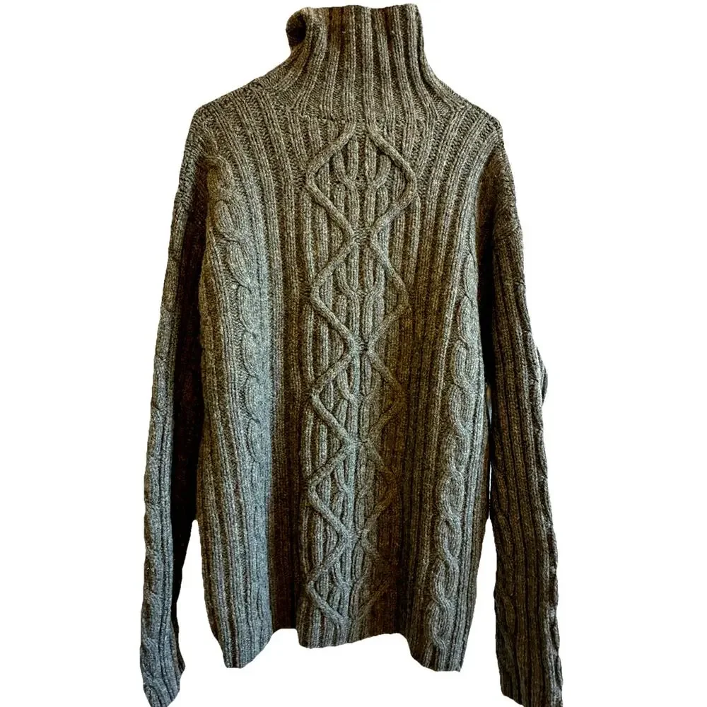 VTG Mens L Turtleneck Fisherman Gray Wool Sweater Diamond Chunky 100% Lambswool